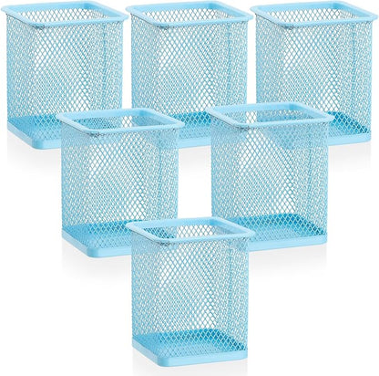 Segarty Pencil Holder, 6 Pack Square Light Blue Pen Holder for Desk, Mesh Pencils Cup Container Marker Organizer Set for Office Supply, School Classroom, Home Desktop Storage and Organization