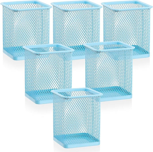 Segarty Pencil Holder, 6 Pack Square Light Blue Pen Holder for Desk, Mesh Pencils Cup Container Marker Organizer Set for Office Supply, School Classroom, Home Desktop Storage and Organization