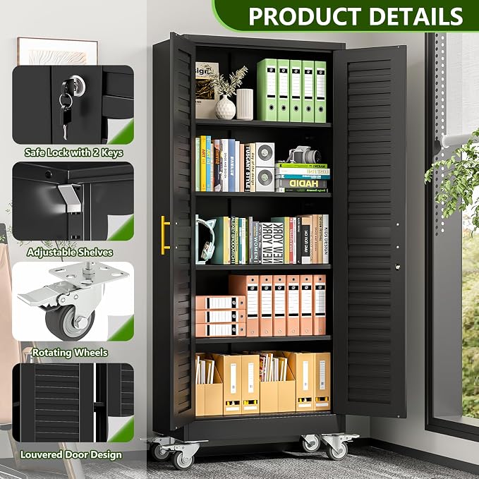 71’’H Metal Garage Storage Cabinet with Wheels, Metal Storage Cabinet with Louvered Doors, Rolling Tool Cabinet with Adjustable Shelves, Large Utility Cabinet for Office,Garage,Kitchen（Black）