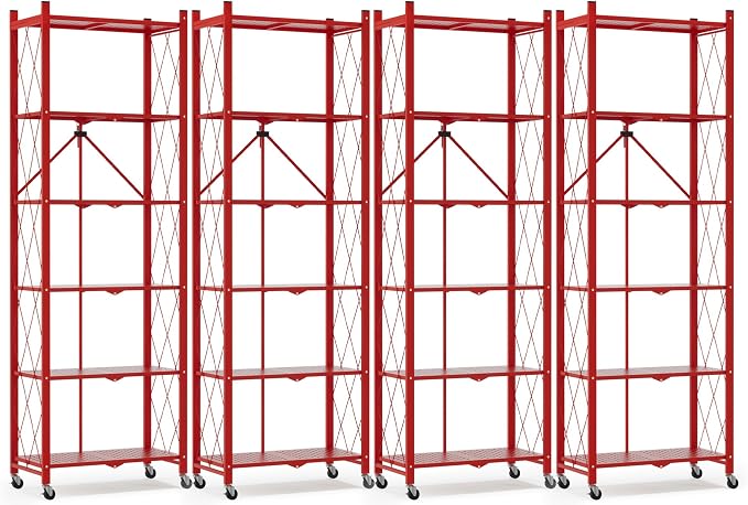 ALANNG 73.6 Inch Folding Bookshelf, 6 Tier Metal Bookcase and Bookshelves, Tall Shelves for Living Room Office Bedroom, Heavy Duty Book Shelve Free Standing Open (Red, 4PACK)
