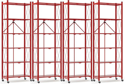 ALANNG 73.6 Inch Folding Bookshelf, 6 Tier Metal Bookcase and Bookshelves, Tall Shelves for Living Room Office Bedroom, Heavy Duty Book Shelve Free Standing Open (Red, 4PACK)
