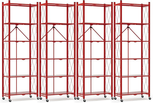ALANNG 73.6 Inch Folding Bookshelf, 6 Tier Metal Bookcase and Bookshelves, Tall Shelves for Living Room Office Bedroom, Heavy Duty Book Shelve Free Standing Open (Red, 4PACK)