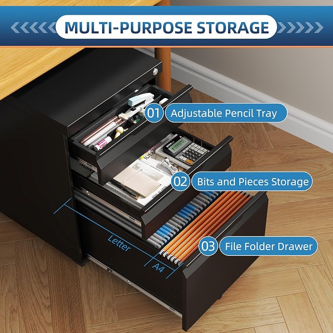 3 Drawer Mobile File Cabinet with Lock, Metal Small Filing Cabinets for Home Office Organizer,Rolling Filing Cabinets Under Desk Storage for Letter/Legal/A4,Assembly Required,Black