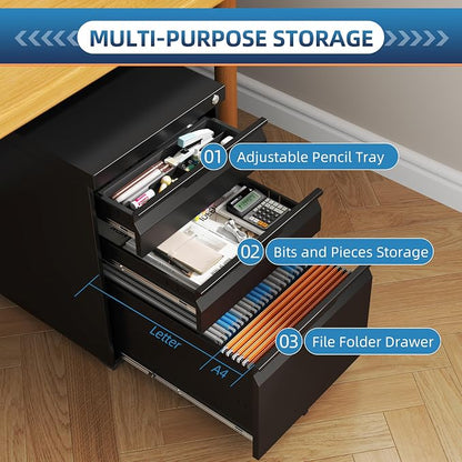 3 Drawer Mobile File Cabinet with Lock, Metal Small Filing Cabinets for Home Office Organizer,Rolling Filing Cabinets Under Desk Storage for Letter/Legal/A4,Assembly Required,Black