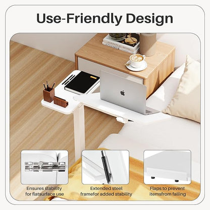 Simple Deluxe Overbed Bedside Table with Hidden Casters, Height Adjustable Desk with Tilting Top, Mobile Rolling Laptop Desk, Standing Rolling Desk Hospital Home Use, White