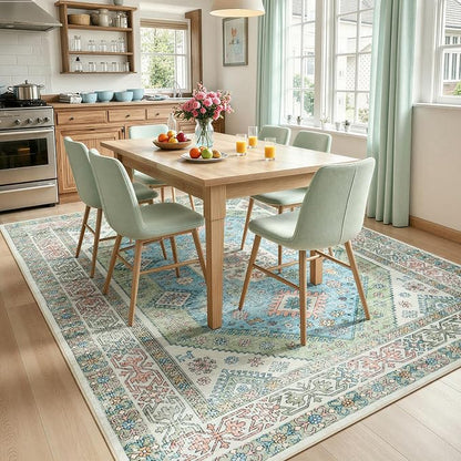 Lofus Vintage Living Room Rugs 5x7, Soft Machine Washable Area Rug for Bedroom Indoor Floor Home Office House Decor, Oriental Traditional Distressed Farmhouse Carpet, Boho Sage Green and Light Blue