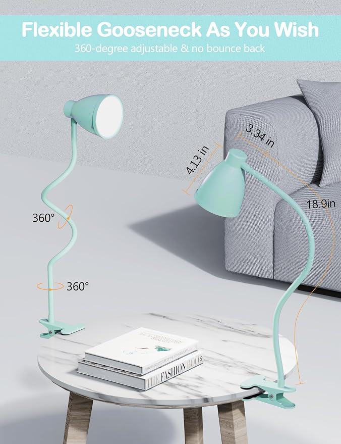 BOHON Desk Lamp with Clamp, Clip on Light, 5 Color 10 Brightness, Teal | 10W 38 LED Flexible Gooseneck Clip Lamp, Auto Off Timer, Desk Lights for Office Home Bed Bedside Reading, Adapter Include