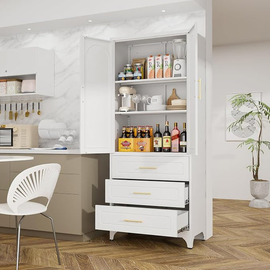 Metal Storage Cabinet with Doors and Shelves, 75" Tall Kitchen Pantry Storage Cabinets with 3 Drawer, White Food Pantry, Steel Office Cabinet, Large Cupboard, for Kitchen, Dining, Living Room