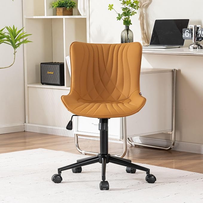 YOUNIKE Office Chair, Armless Desk Chair with Wheels, Adjustable Swivel Home Office Computer Task Chairs, Modern Faux Leather Upholstered Vanity Chair with Back, Saffron Tan