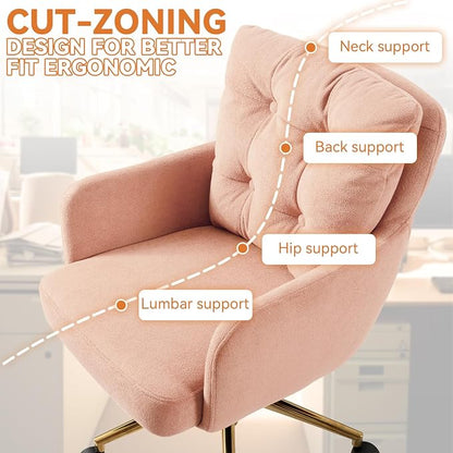 Flannel Office Chair, Comfy Home Office Desk Chairs with Lumbar Support, Modern Velvet Desk Chair Gold Legs Small Swivel Task Chair for Home Office, Bedroom, Study (Pink, L)