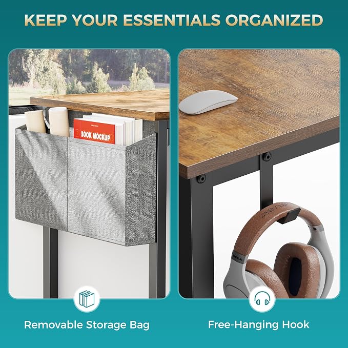 OLIXIS 47 Inch Computer Office Desk for Small Spaces, Writing Gaming Work Desk Modern Study Table with Storage Bag & Headphone Hook Home Bedroom, Rustic Brown