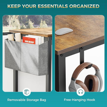 OLIXIS 47 Inch Computer Office Desk for Small Spaces, Writing Gaming Work Desk Modern Study Table with Storage Bag & Headphone Hook Home Bedroom, Rustic Brown