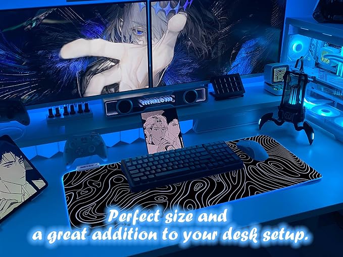 JMIYAV White Gaming Mouse Pad RGB Mousepad 31.5x12In Non-Slip Rubber Base Extra Large Cool XL XXL Computer Desk Pad Gaming Accessories Setup LED Light Up Big Mouse Pad for Gamer Topographic Black