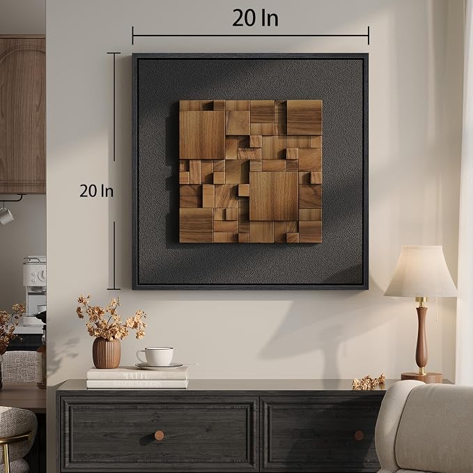 Framed 3D Textured Wood Abstract Wall Art Decor for Living Room, Modern Square Geometric Wooden Artwork for Walls, Minimalist Black Sandstone Wall Decor for Hallway, Kitchen, Bedroom, Office, 20x20