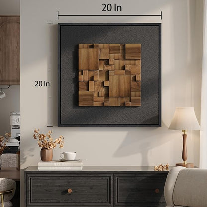 Framed 3D Textured Wood Abstract Wall Art Decor for Living Room, Modern Square Geometric Wooden Artwork for Walls, Minimalist Black Sandstone Wall Decor for Hallway, Kitchen, Bedroom, Office, 20x20