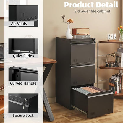 Guizeeopo Metal File Cabinet with Lock, Vertical 3 Drawer File Cabinets for Home Office, Heavy Duty Office Storage Cabinet for A4/Letter/Legal Size, Assembly Required(Black)