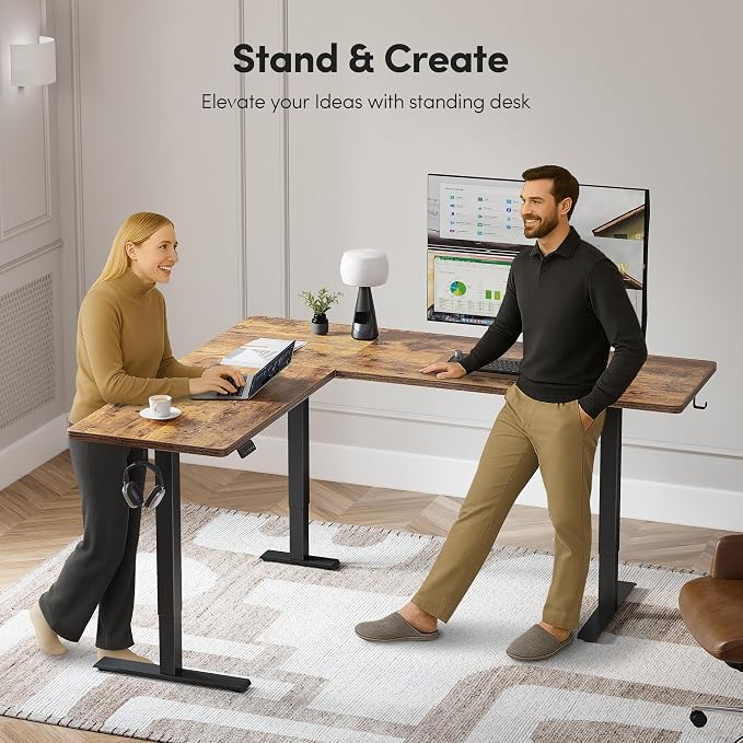 BANTI L-Shaped Standing Desk - 75 x 63 Inch Adjustable Corner Standing Desk with Charging Station - L Shape Sit Stand Table with Memory Controller, Splice Board for Home Office, Rustic Brown