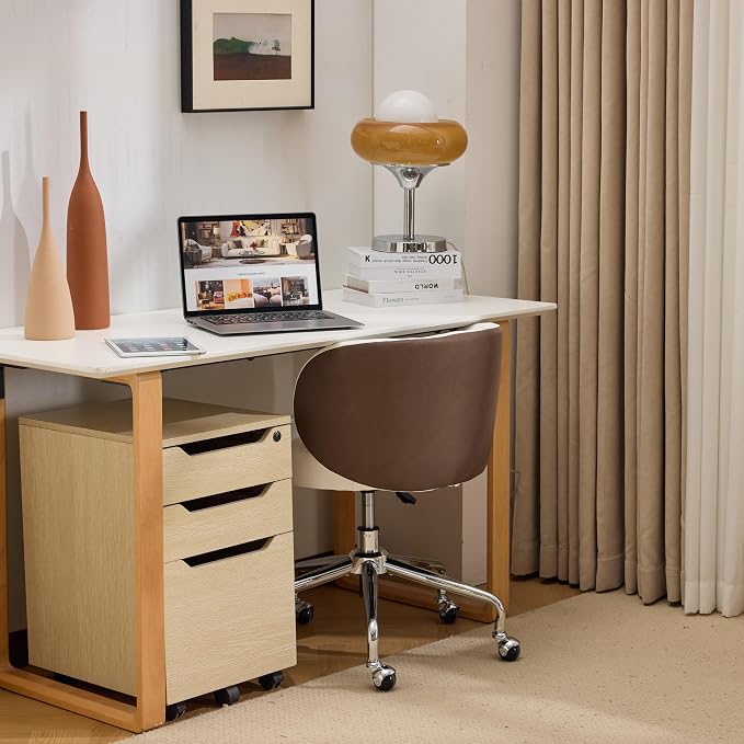 VINGLI Cute Small Swivel Desk Chair Comfy with Wheels,Ergonomic Low-Back Lumbar Support Vanity Nail Tech Rolling Task Stool Chair for Home Office,Height Adjustable,PU Leather White&Suede Khaki