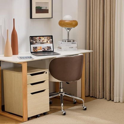 VINGLI Cute Small Swivel Desk Chair Comfy with Wheels,Ergonomic Low-Back Lumbar Support Vanity Nail Tech Rolling Task Stool Chair for Home Office,Height Adjustable,PU Leather White&Suede Khaki