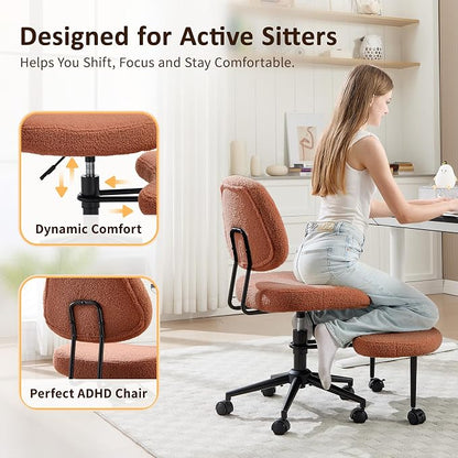 Criss Cross Chair Armless Office Chair for Cross Legged Sitting, 300lb Heavy Duty Ergonomic Desk Chair for ADHD, Adjustable Meditation Yoga Kneeling Chair with Brake Wheels for Home Office (Brown)