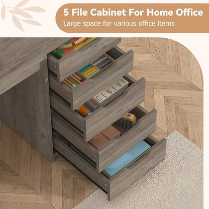 YOMILUVE 47 Inch Computer Desk with 5 Drawers and Power Outlets, Home Office Desks with Storage File Cabinet, Modern Simple Laptop Desk Writing Table for Small Spaces, Grey
