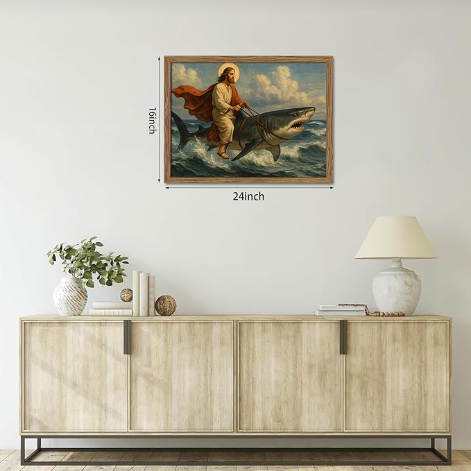 Framed Jesus Riding a Shark Wall Art, Humorous Christian Canvas Print, Fun Jesus Oil Painting, Religious Comedy Wall Decor, Christian Home Decor Gift for Living Room Bedroom Bathroom 16x24 inch