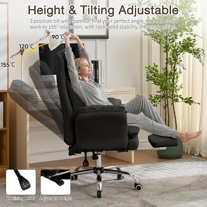 Cloud Cross Legged Office Chair with Footrest,Leather Big and Tall Executive Ergonomic Chair, Flip Armrests for Pets,155° Reclining Computer Wide Desk Chair for Home,Office (Black)