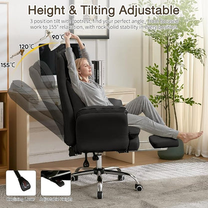 Cloud Cross Legged Office Chair with Footrest,Leather Big and Tall Executive Ergonomic Chair, Flip Armrests for Pets,155° Reclining Computer Wide Desk Chair for Home,Office (Black)