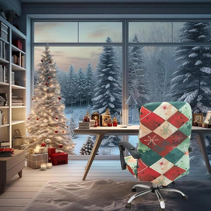 Christmas Office Chair Cover Green,Printed Elk,pinecone,Xmas tree,Snowflake,Jingle bell Stretch Computer Chair Cover Universal Removable Washable Anti-Dust Chair Slipcover with Zipper (L,Christmas-09)