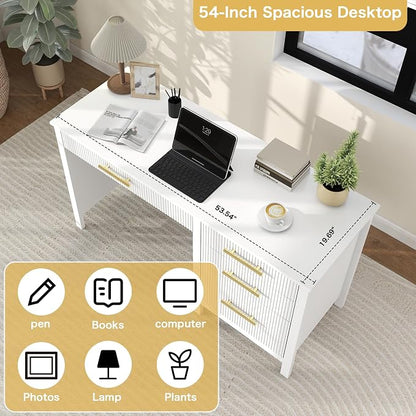 Modern Executive Desk with Drawers: 54 Inch White Home Office Desks with File Drawer, Wood Fluted Desk with Storage, Writing Computer Desks with 4 Drawers