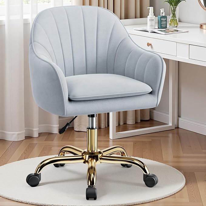 Vanity Chair with Wheels, Comfy Home Office Desk Chairs Adjustable Modern Velvet Makeup Vanity Chairs for Bedroom Living Room-Gray