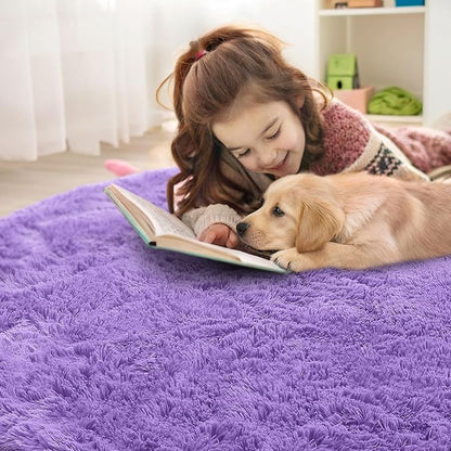 OLANLY Purple Round Rugs for Bedroom - Machine Washable, 8 ft Circle Area Rugs for Living Room, Soft and Fluffy Shaggy Carpet for Teen Girls and Boys, Nursery Rooms, Dorms, Home Decor Aesthetic