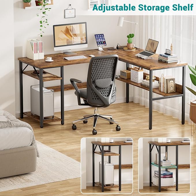 Reversible L Shaped Computer Desk with Power Outlets and USB Charging Ports, Sturdy Corner Desks with Storage Shelf, Modern Work Gaming Table for Home Office, Easy to Assemble, Rustic Brown