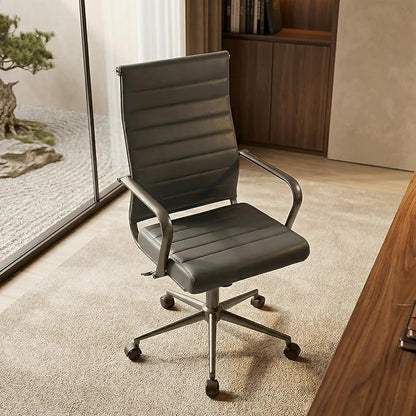 Okeysen Leather Office Desk Chair, Ergonomic Mid Century Modern Conference Room Chairs, Executive Ribbed Height Adjustable Swivel Rolling Chair for Home Office.