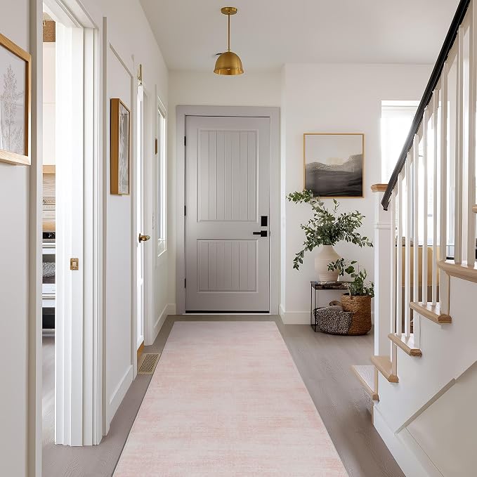 Pink Entryway Rugs, Boho Abstract Modern Cute Runner Rug for Hallway,3x8 Light Pink Ombre Low Pile Carpet for Kitchen Laundry Room Washable Non Slip Bed Side Bedroom Rug 3 x 8