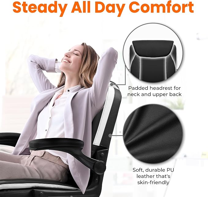 NEO CHAIR Desk Office Gaming Computer Chair Ergonomic Executive Mid-Back Leather with Adjustable Padded Flip-Up Armrests Cushion Wheels Swivel for Home Study Task (Black White)