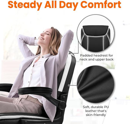 NEO CHAIR Desk Office Gaming Computer Chair Ergonomic Executive Mid-Back Leather with Adjustable Padded Flip-Up Armrests Cushion Wheels Swivel for Home Study Task (Black White)