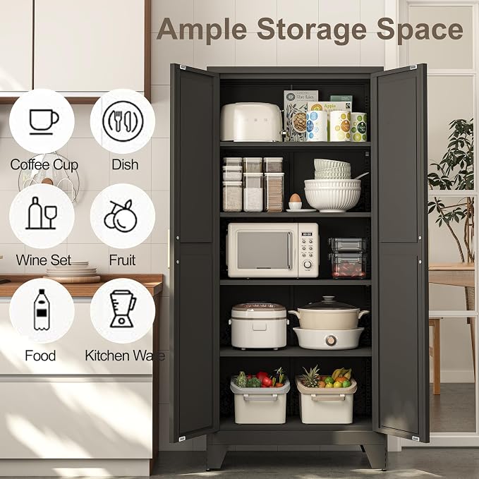 Baborokic 71H Tall Metal Storage Cabinet with 2 Doors and Adjustable Shelves,Farmhouse Storage Cabinet with Barn Doors,Pantry Storage for Home,Office,Bathroom,Dining Room,Kitchen(Black)