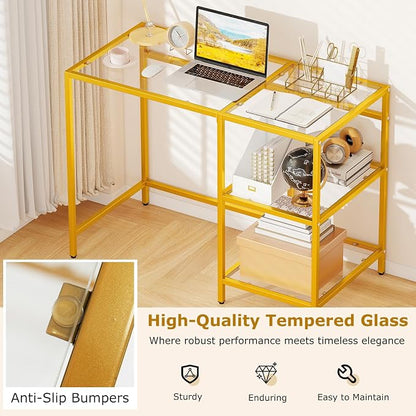 GOFLAME Computer Desk with Shelves, 42” Home Office Desk with Metal Frame, Tempered Glass Study Writing Table, Modern Simple PC Desk for Living Room Bedroom (Golden)