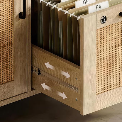 Lateral File Cabinets for Home Office, 3 Drawer and 2 Doors Filing Cabinet with Lock, Wide Rattan Filing Organization Storage Cabinets with Printer Stand for Hanging Files/A4/F4 Size, Natural Wood