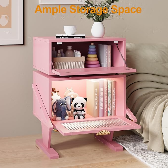 RoyalCraft Large Nightstand with LED Lighs, Pink End Table with 360°Rotating Drawer, Modern Bedside Table with Storage, Wood Night Stand for Bedroom, Home Office, Pink