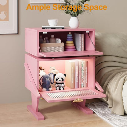 RoyalCraft Large Nightstand with LED Lighs, Pink End Table with 360°Rotating Drawer, Modern Bedside Table with Storage, Wood Night Stand for Bedroom, Home Office, Pink