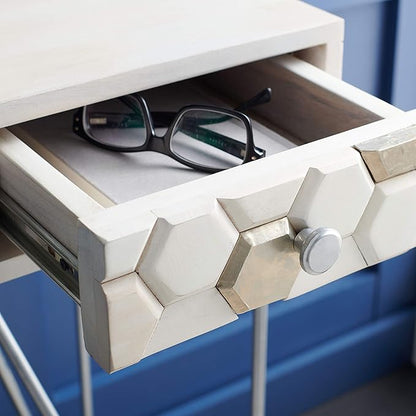 SAFAVIEH Home Office Collection Raveena White Wash and Silver 1-Drawer Hairpin Leg Desk