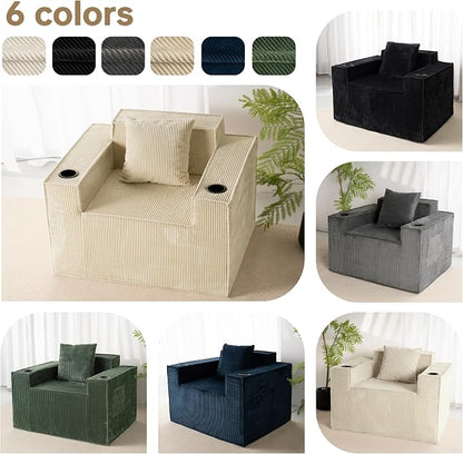 Cloud Single Sofa,Chaise Lounge Chair with Cup Holder & Side Pocket,Elevated Seat Height,No Assembly Required,Boneless Corduroy Chair for Small Space,Bedroom,Office (Khaki, Single Sofa)