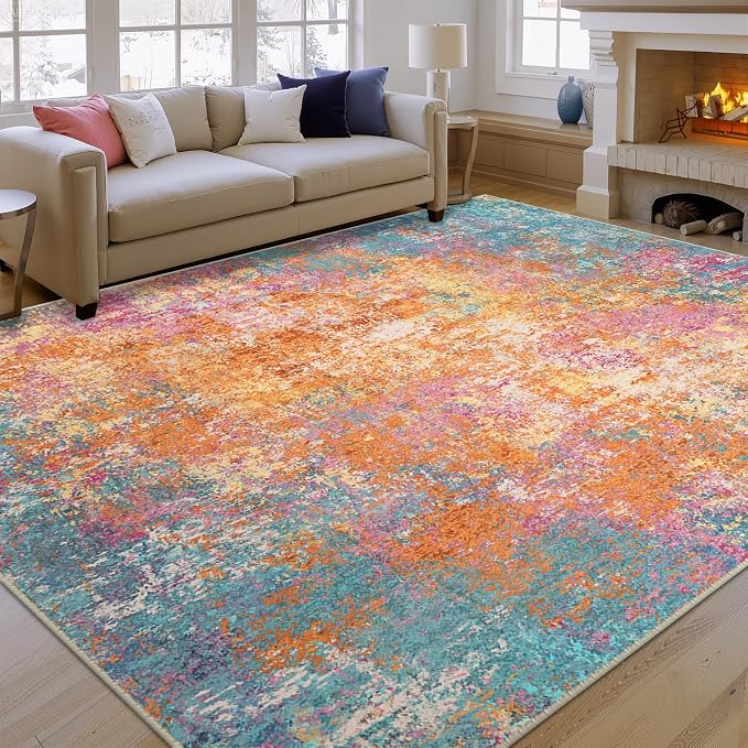 RELEANY Washable Area Rugs 8'x10' Non-Slip Modern Abstract Soft for Living Room Entryway Bedroom Kitchen, Print Pattern, Orange Blue Pink Yellow Colorful