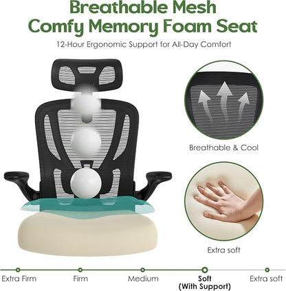 Office Chair Ergonomic Desk Chair - Mesh High Back Office Chair with Headrests Wheels Lumbar Support Home Desk Office Chairs Flip up Armrest Executive Rolling Computer Chair Black 4 Pack