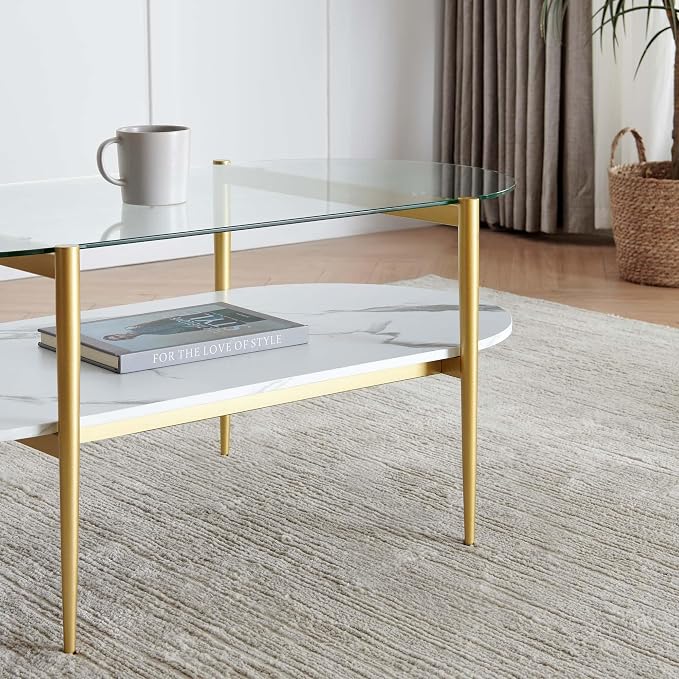 LumFurn Oval Coffee Table, Mid-Century Modern Design, L41 x W21 x H17 inch, for Living Room, Clear Glass Top, White Marble Finish Wood Shelf & Gold Finish Frame