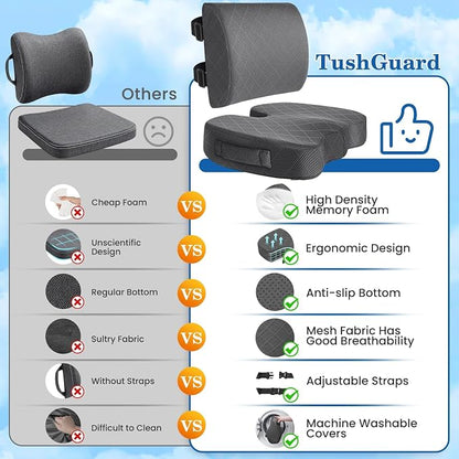 TushGuard Back&Seat Cushion, Car Seat Office Chair Cushions, Breathable Memory Foam Lumbar Back Support Pillow, Portable Airplane Seat Cushion for Travel, Computer Desk, Wheelchair, Driving (Grey)