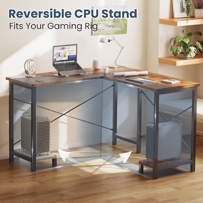 DUMOS L Shaped Desk, Computer Gaming Desks Corner Office Table with CPU Shelf for Home Study Writing Work Station 50 Inch, Sturdy Modern Design, Study, and Home Office Use, Rustic Brwon