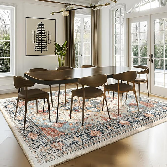 RELEANY Area Rugs 7'x9' Washable Non-Slip, Floral Vintage Distress Medallion Carpet for Living Room Bedroom Dining Room, Beige Navy Blue Orange Colorful